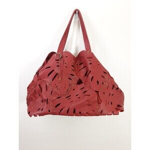 Lucky Penny Anthropologie Cardinal Red Leaf Leather Tote Bag Large Rare